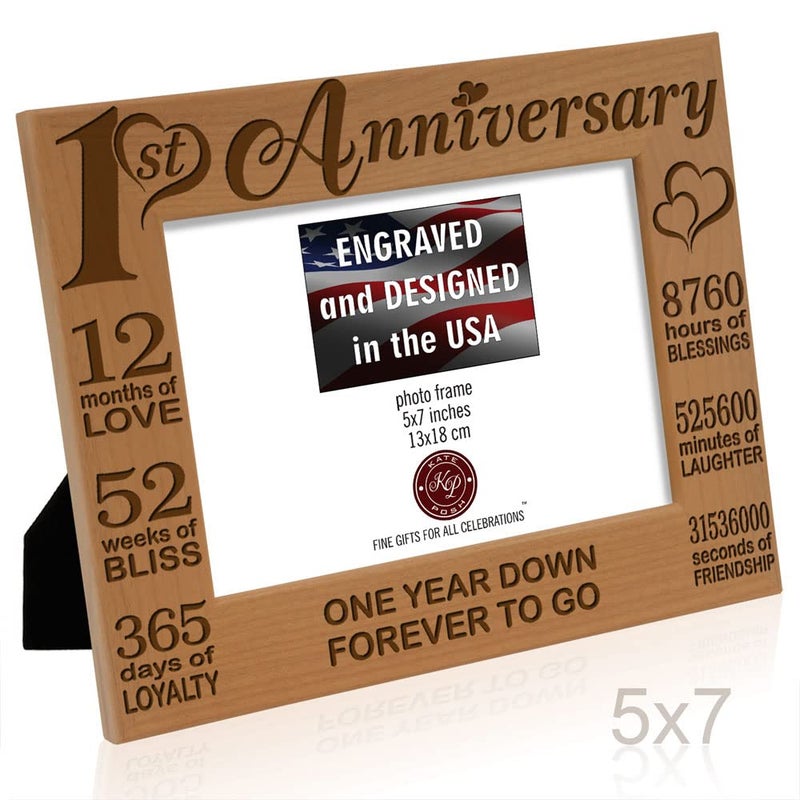 KATE POSH - Our 1st Anniversary Picture Frame - 12 Months Engraved Natural Wood Photo Frame - First (1st), Paper, 1 Year as Husband and Wife (5x7-Horizontal) - Image 5